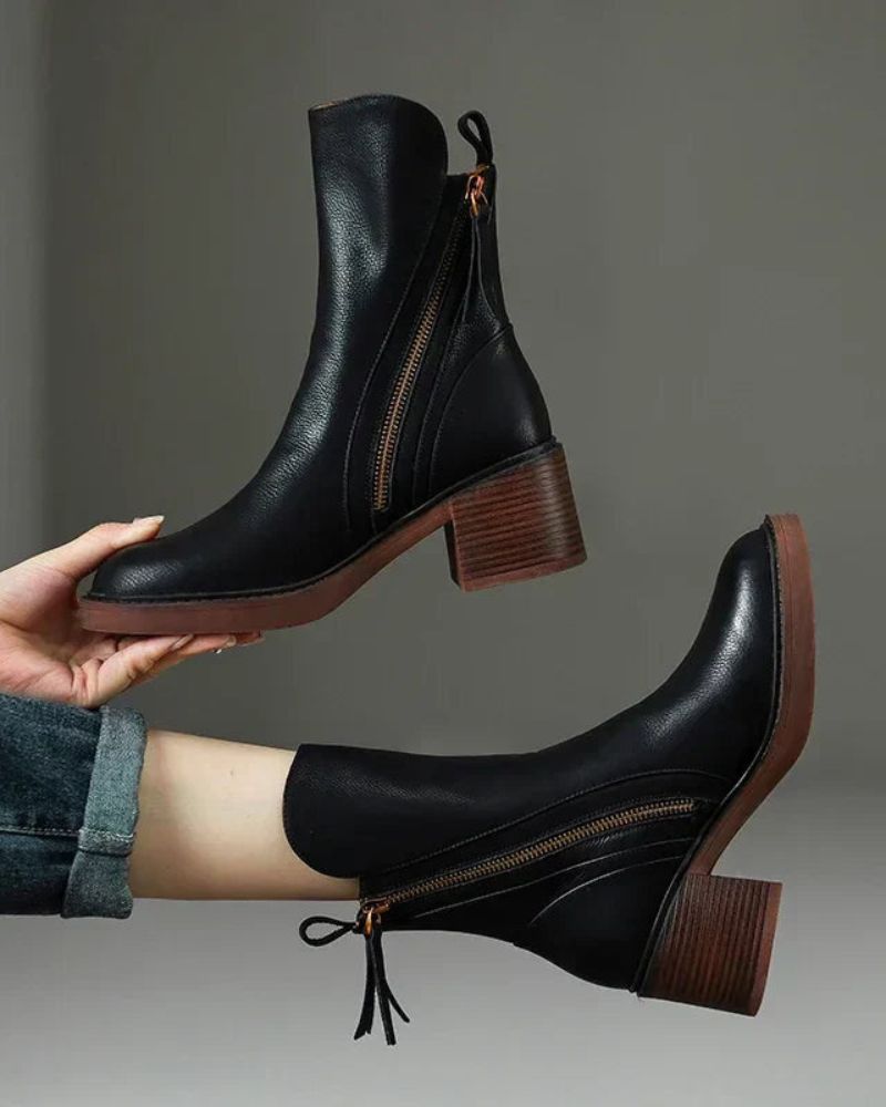 Livora™ | Botte en cuir noire avec un talon confortable, élégante et intemporelle