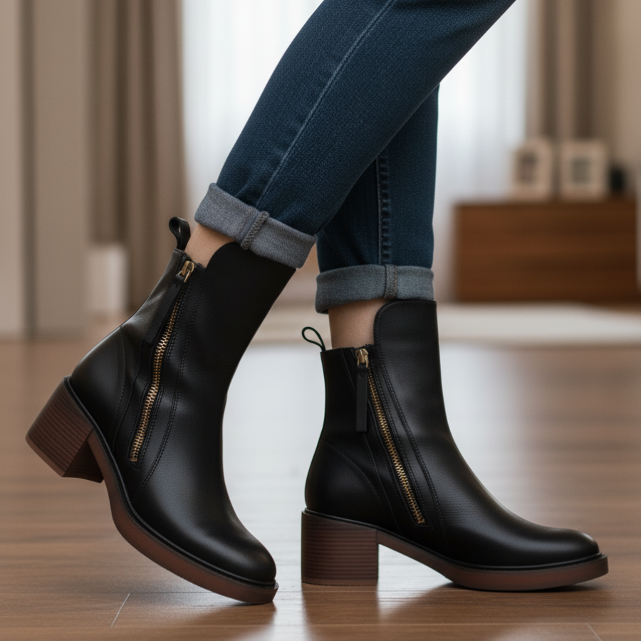 Livora™ | Botte en cuir noire avec un talon confortable, élégante et intemporelle